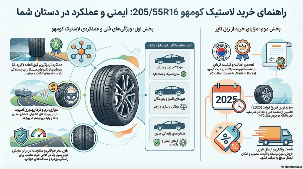 اینفوگرافی مزایا و معایب لاستیک کومهو 205/55R16